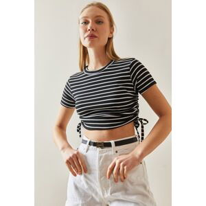 XHAN Black Crew Neck Striped & Gathered Camisole T-Shirt 4KXK1-47902-02