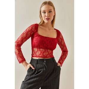 XHAN Red Lace Detail Square Neck Sheer Crop Blouse