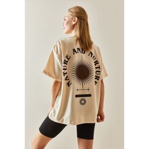 XHAN Cream Crew Neck Back Printed Oversize T-Shirt 4KXK1-47897-22
