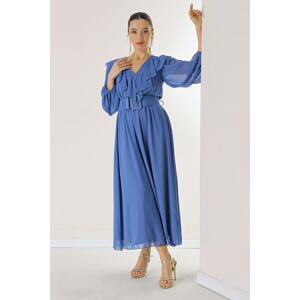 By Saygı Flounce Collar Banded Waist Belt Lined Chiffon Dress