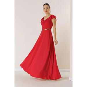 By Saygı Flounce Collar Waist Belt Lined Long Chiffon Dress