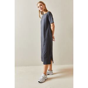 XHAN Anthracite Crew Neck Slit Basic Maxi Dress