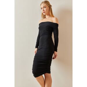 XHAN Black Madonna Collar Draped Midi Dress