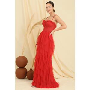 By Saygı Bead Rope Strapless Strapless Handkerchief Fringed Lined Long Tulle Dress