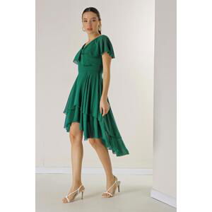 By Saygı Short Front Long Back Lined Flounce Tiered Chiffon Dress