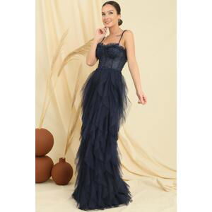 By Saygı Bead Rope Strapless Strapless Handkerchief Fringed Lined Long Tulle Dress