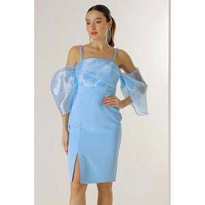 By Saygı Bead Detail Straps Organza Low Sleeve Lined Crepe Dress