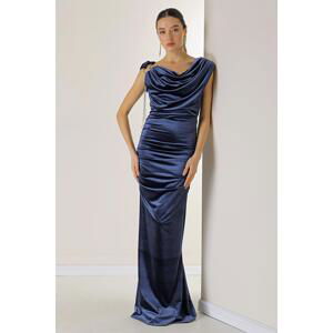 By Saygı One-Shoulder Chain Draped Long Velvet Dress