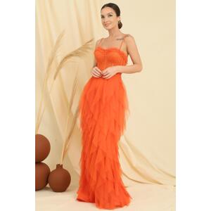 By Saygı Bead Rope Strapless Strapless Handkerchief Fringed Lined Long Tulle Dress