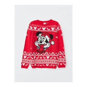 LC Waikiki Crew Neck Minnie Mouse Patterned Christmas Theme Long Sleeve Girls Knitwear Sweater