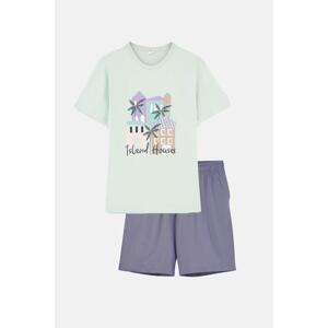 Dagi Mint Green Crew Neck Printed Shorts Pajamas Set