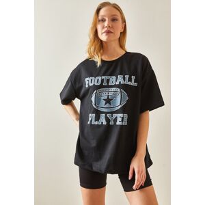 XHAN Black Crew Neck Front Printed Oversize T-Shirt