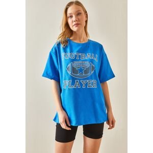 XHAN Blue Crew Neck Front Printed Oversize T-Shirt