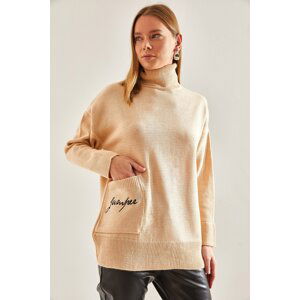 Bianco Lucci Women's Turtleneck Pocket Embroidery Embroidered Knitwear Sweater