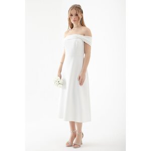 Lafaba Women's White Boat Neck Midi Evening Dress