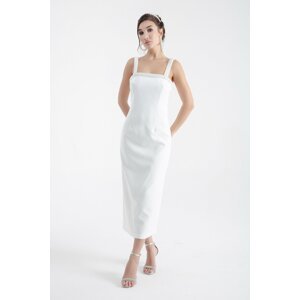 Lafaba Women's White Pearl Midi Evening Dress