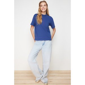 Trendyol Indigo 100% Cotton Basic Stand Collar Knitted T-Shirt