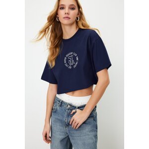 Trendyol Navy Blue 100% Cotton Embroidered Crop Crew Neck Knitted T-Shirt