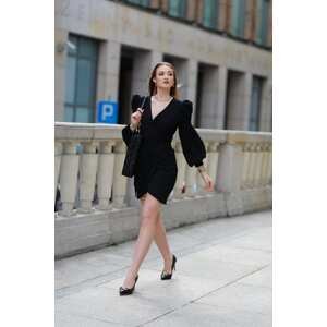Black wrap dress with puffed sleeves