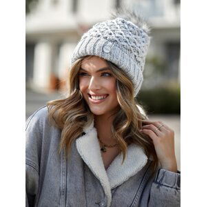 Warm winter beanie with pompom, light gray