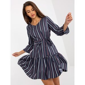 Navy blue flowing cocktail dress with stripes