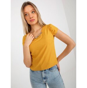 Dark yellow short formal blouse with necklace