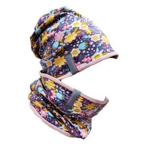 Cotton cap + neck warmer / purple flowers