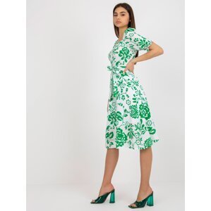 White and green patterned midi dress with belt