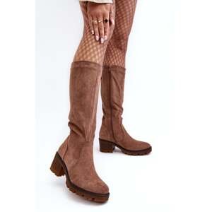 Women's over-the-knee boots with low heels, brown Beveta