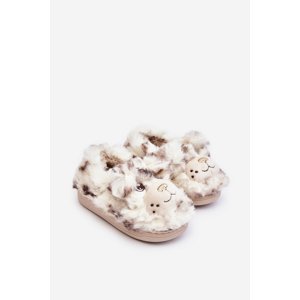 Fluffy children's slippers with teddy bear, light beige Apolania