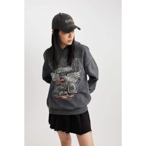 DEFACTO Oversize Fit Printed Hooded Thick Sweatshirt