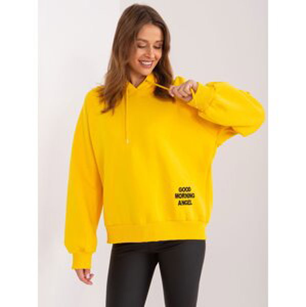 Yellow insulated oversize sweatshirt with a hood and inscription