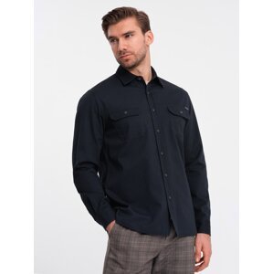 Ombre Men's REGULAR FIT cotton shirt with buttoned pockets - navy blue