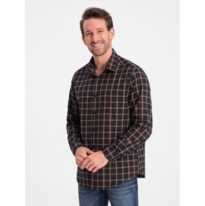 Ombre Men's plaid flannel shirt SLIM FIT - navy blue and orange