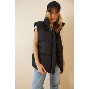 Happiness İstanbul Women's Black Oversize Inflatable Vest with Pocket