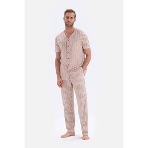 Dagi Ecru V-Neck Striped Short Sleeve Cotton Pajamas Set