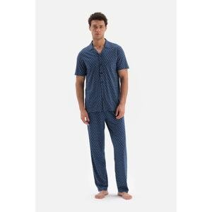 Dagi Navy Blue Shirt Collar Size Printed Modal Pajamas Set