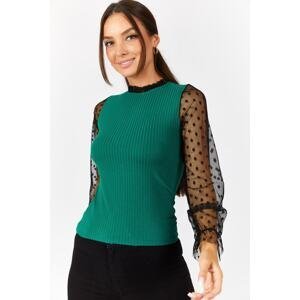 armonika Women's Green Corduroy Knitwear Sweater With Tulle Sleeves And Collar