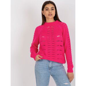Fluo pink openwork oversize sweater with round neckline