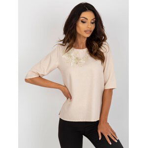 Beige shiny formal blouse with short sleeves