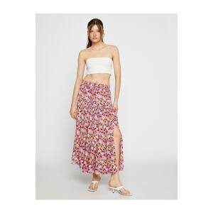 Koton Floral Layered Long Skirt with Slit and Tied Waist