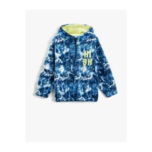 Koton Fleece Hooded Sweatshirt with Half Zipper, Batik Pattern, Elastic Waist and Cuffs