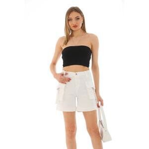 BİKELİFE White Cargo Pocket High Waist Stretchy Denim Shorts