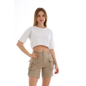 BİKELİFE Beige Cargo Pocket High Waist Stretchy Denim Shorts