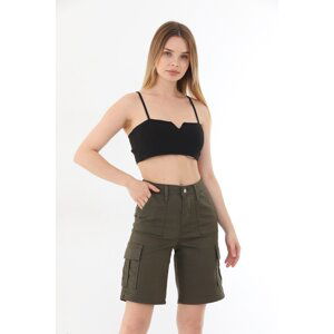 BİKELİFE High Waist Flexible Bermuda Shorts with Cargo Pocket.