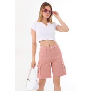 BİKELİFE High Waist Flexible Bermuda Shorts with Cargo Pocket.