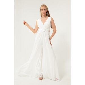 Lafaba Dámske biele šifónové večerné šaty kombinéza s nízkou kolekciou
