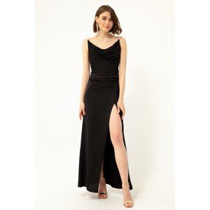 Lafaba Women's Black Satin Evening Dress with Stone Straps, Plunger Collar.