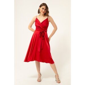 Lafaba Women's Red Double Breasted Collar Midi Satin Evening Dress
