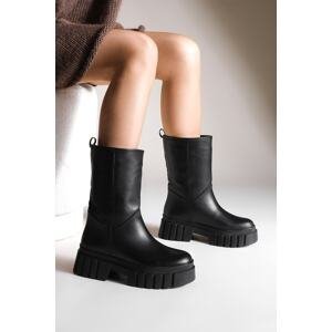 Marjin Women's Genuine Leather Casual Boots With Thick Serrated Sole Gasner Black.